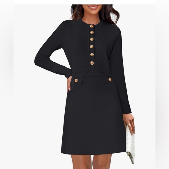 NENONA Women's Crew Neck Bodycon Sweater Long Sleeve Button Elegant Mini Dress - Picture 2 of 2